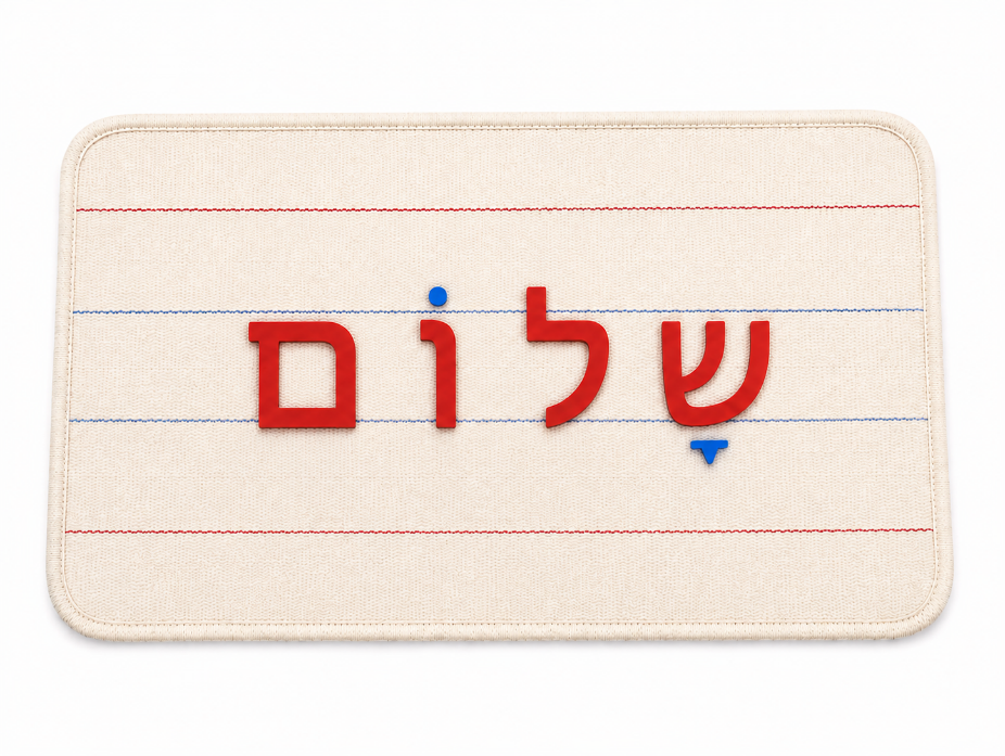 אותיות נעות אדומות וסימני ניקוד כחולים המרכיבים את המילה שָׁלוֹם על שטיחון שורות